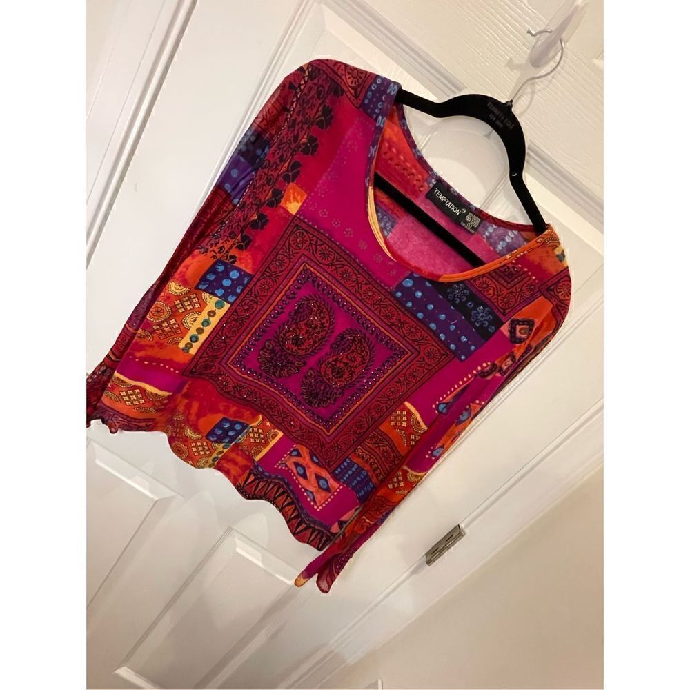 Temptation women’s blouse large sheer sleeves embellished